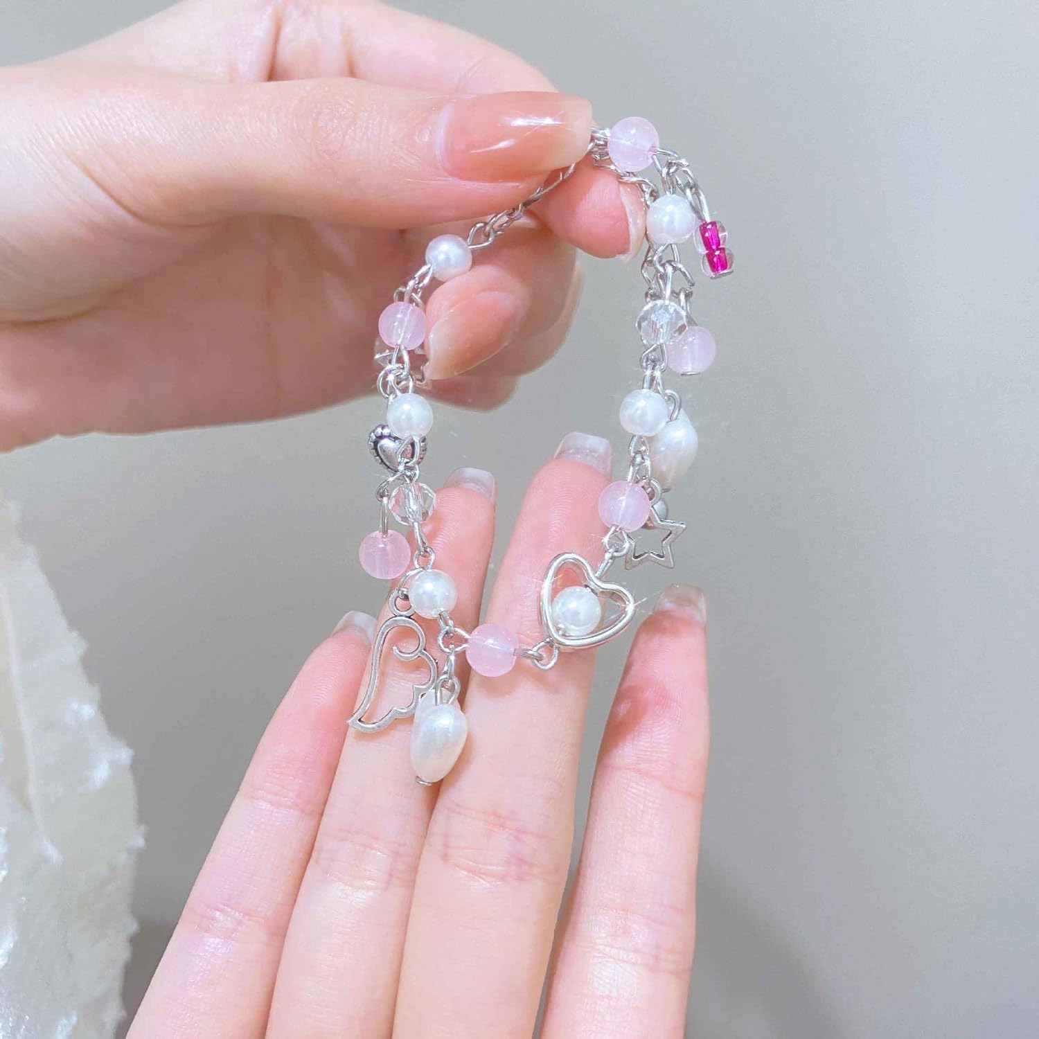 POYAMUSE Y2K Pink Charm Bracelet – Aesthetic Beaded Bracelets with Star, Heart, Bow Charms, Coquette Jewelry for Women