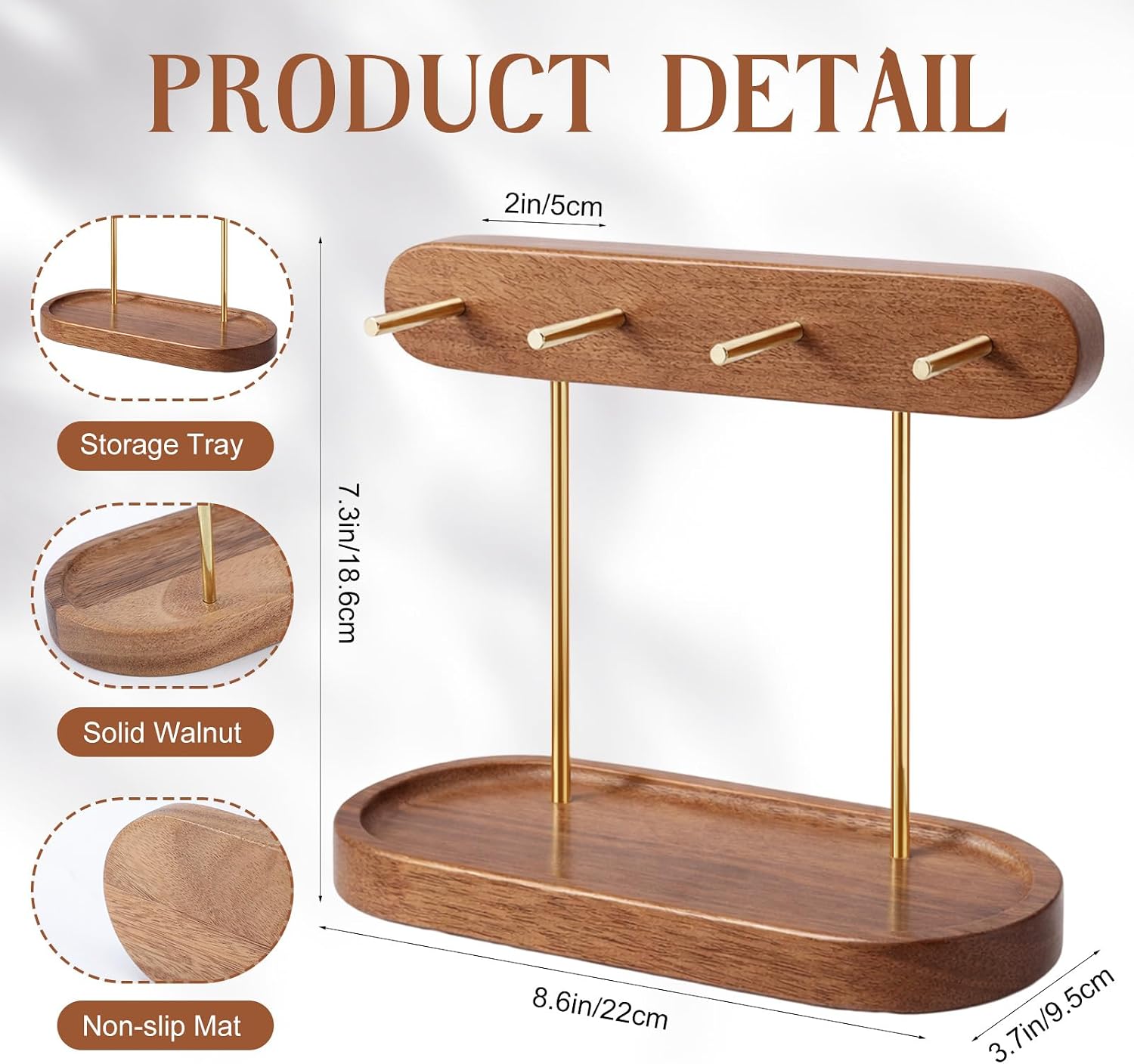 RattanView Solid Walnut Entryway Key Holder for Table, Mid-Century Key Stand with Tray, Wood Keys Holder with 4 Hooks, Jewelry Tray & Dish for Wallet Rings Catchall