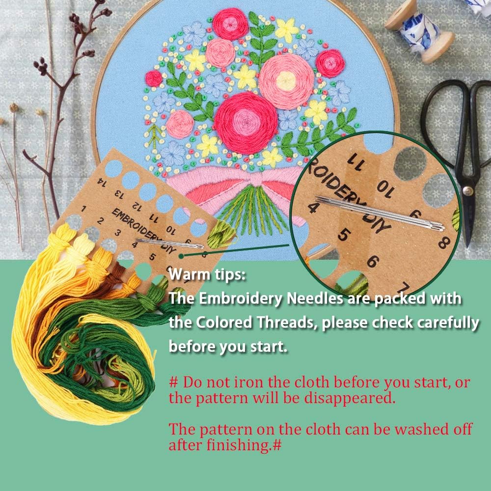 Embroidery Starter Kit with Pattern and Instructions, 3 Sets Cross Stitch Kit Include Embroidery Clothes with Plants Flowers Pattern, 1 Embroidery Hoops, Color Threads and Tools (Roses)