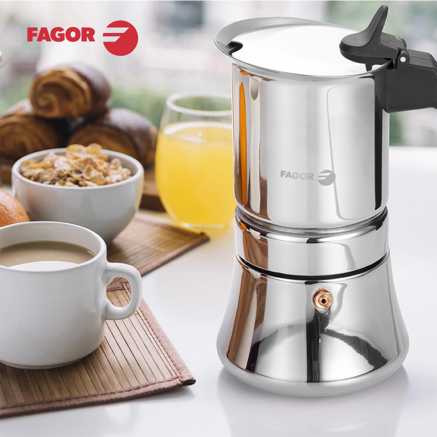 Fagor Etnica - Cafetera Italiana 10 Tazas, 500ml, Acero Inoxidable, Todo Tipo de Cocinas, Inducción, Mango Ergonómicos de Nylon, Café, Moka, Expresso