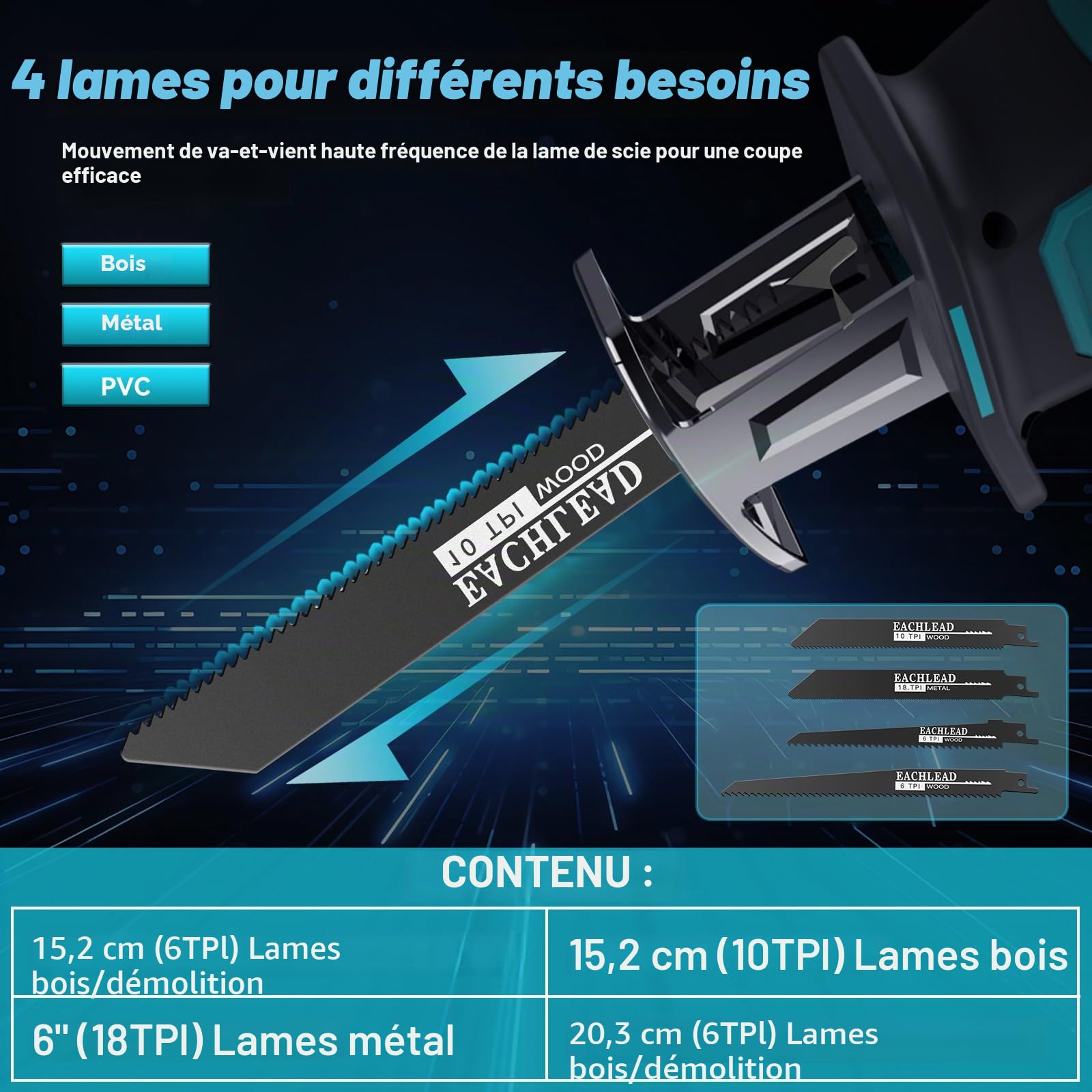 Yofuly Scie Sabre sans fil Compatible avec Batterie Makita 18V, 6 Vitesse Variable 3500SPM Changement de Lame sans Outil, Scie Egoîne avec 2 * 3000Ah Batterie, 4 Lames de Scie pour le Bois/Métal