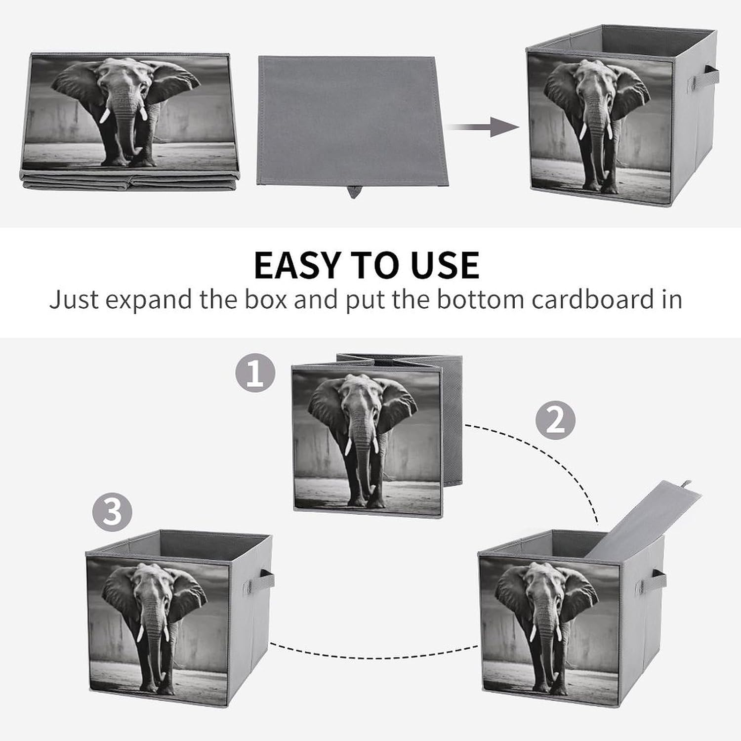 Black And White Elephant Storage Cubes Set of 6 Storage Bins with Handles Collapsible Storage Basket Fabric Storage Box for Shelves Large Closet Shelf Organizer for Organization 11 Inch