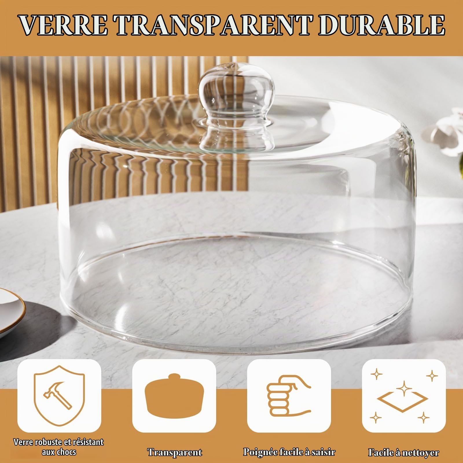 Couvercle dôme en verre de 28 cm pour présentoir à gâteau – Couvercle dôme en verre pour présentation et protection, convient pour la cuisine, les anniversaires et les présentoirs de nourriture