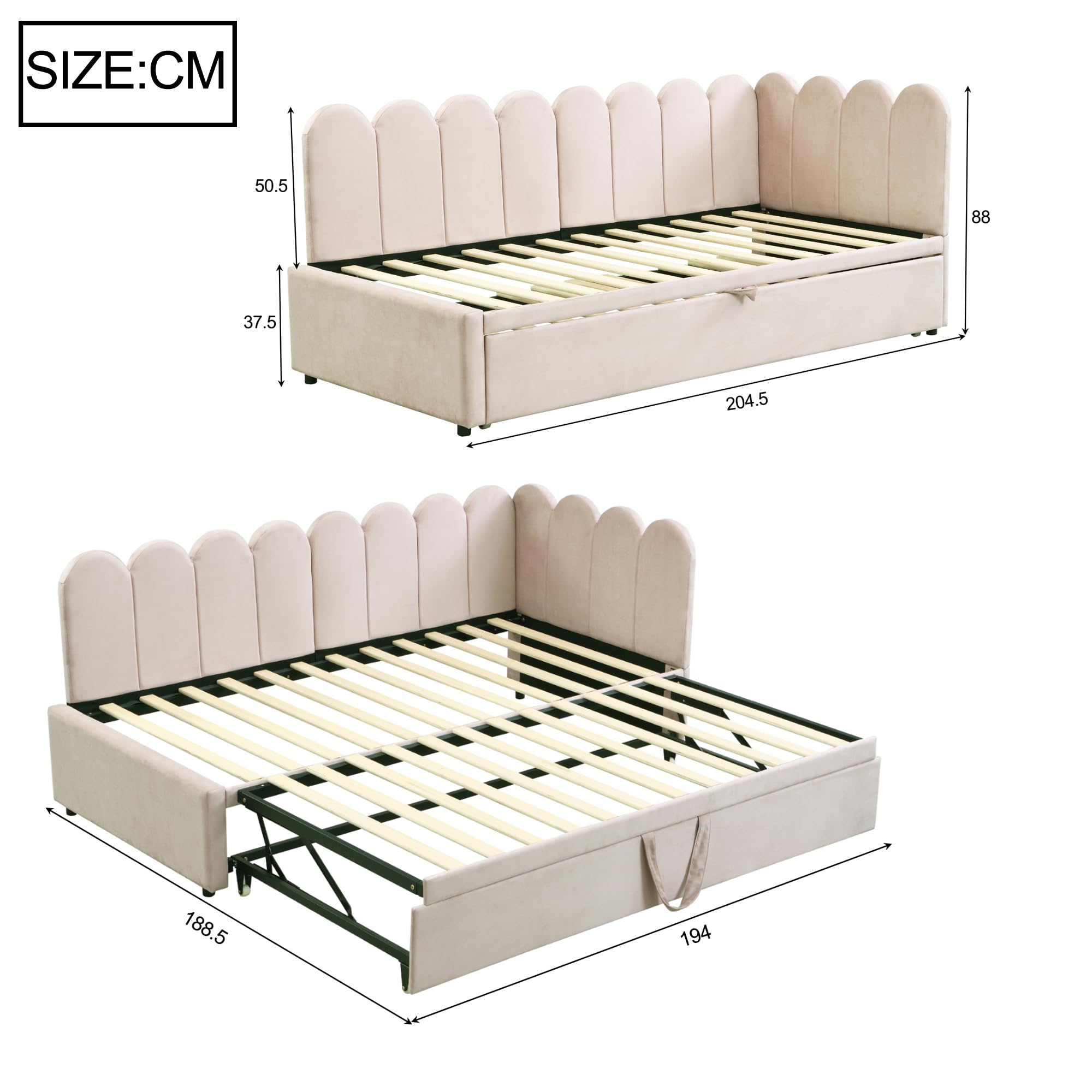 Sofá cama multifunción 2 en 1 en forma de L (90/180 x 200 cm), cama tapizada de terciopelo, diseño que ahorra espacio, se puede utilizar como cuna o cama de invitados, beige (sin colchón)
