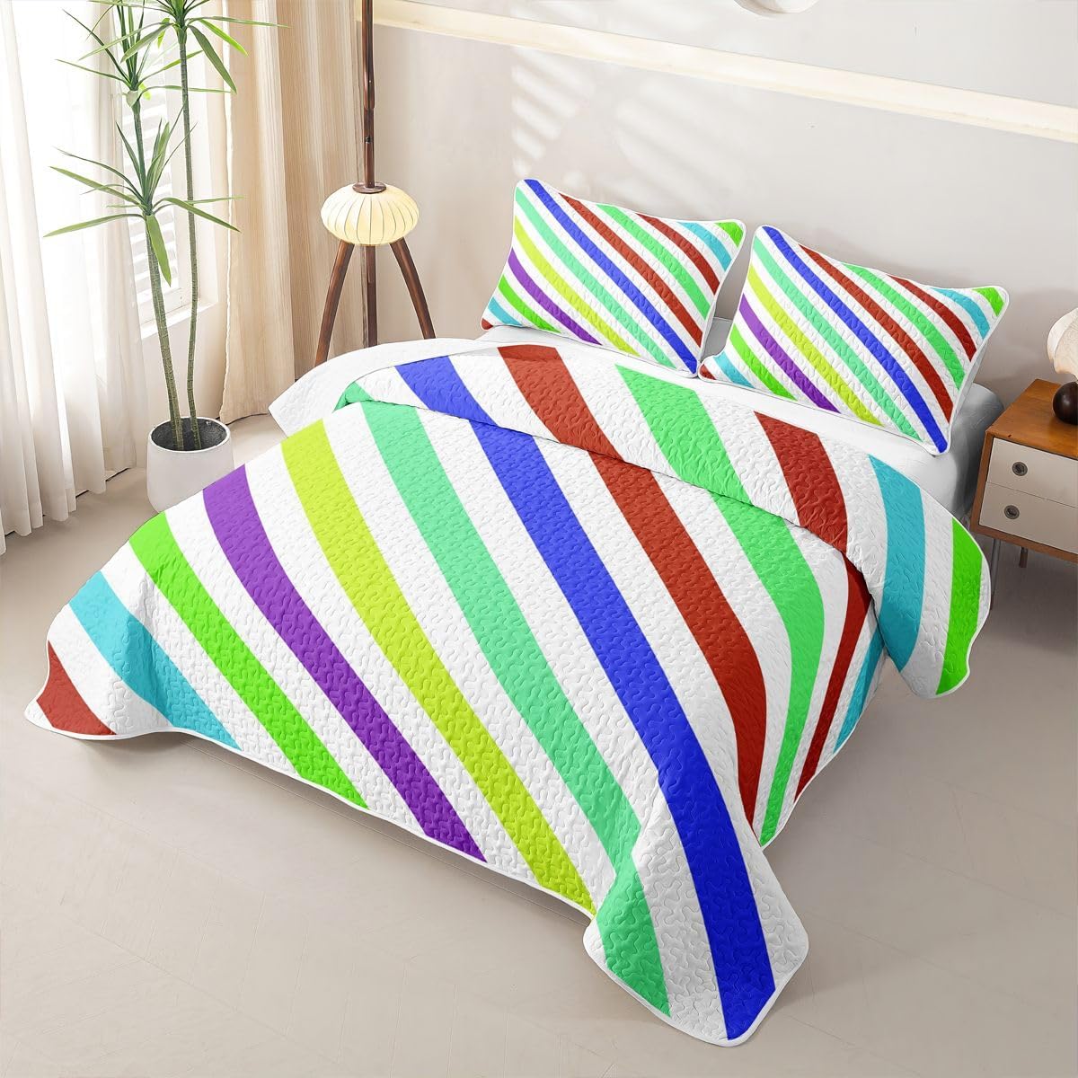 Erosebridal Neon Abstract Stripes Quilt Colorful Striped Quilt Set Queen Size for Kids Boys Girls | Rainbow Modern Striped Coverlet Simple Tilted Lines Quilted Bedspread Bedroom Decor