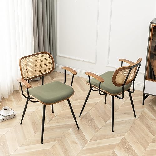 Miniatura 3 de Mid-Century - Juego de 2 sillas de comedor de ratán moderno, poliuretano beige con patas y brazos de metal