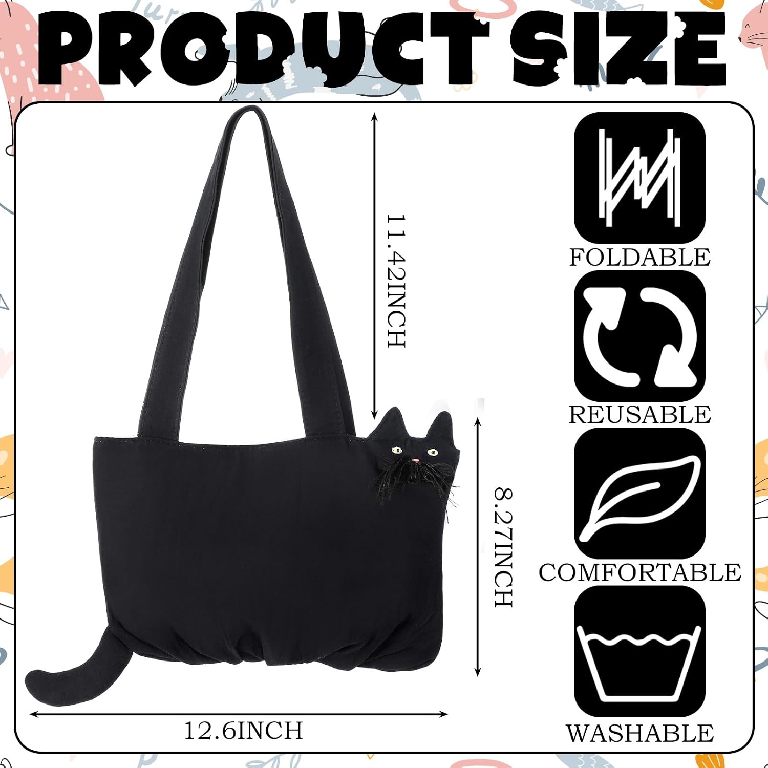 Paterr Black Cat Canvas Tote Bag with Magnetic Closure, Funny Aesthetic image 3