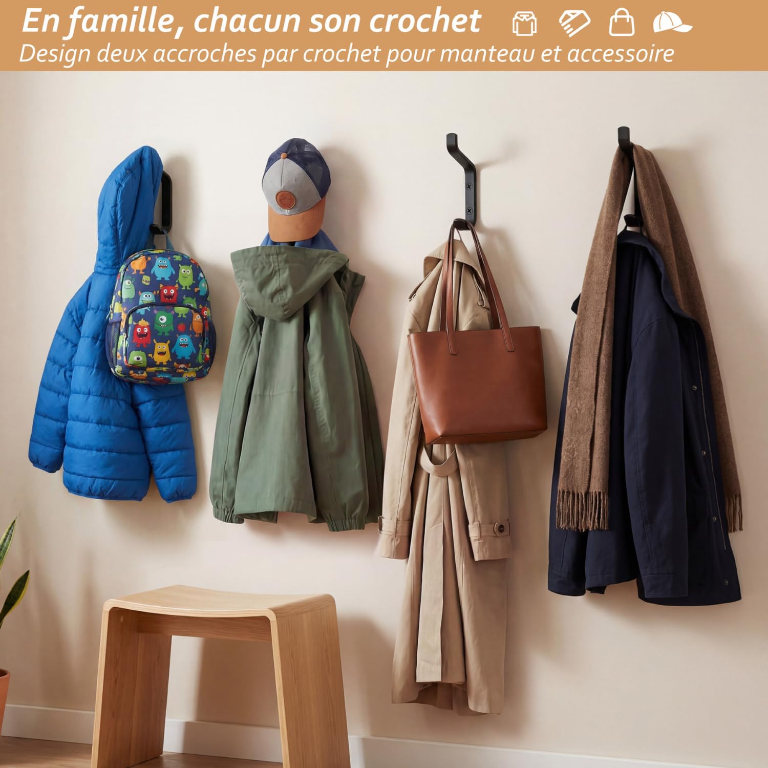 Image secondaire de Lot de 10 Crochets Mural Noir Moderne - Porte-Manteau Charge Lourde