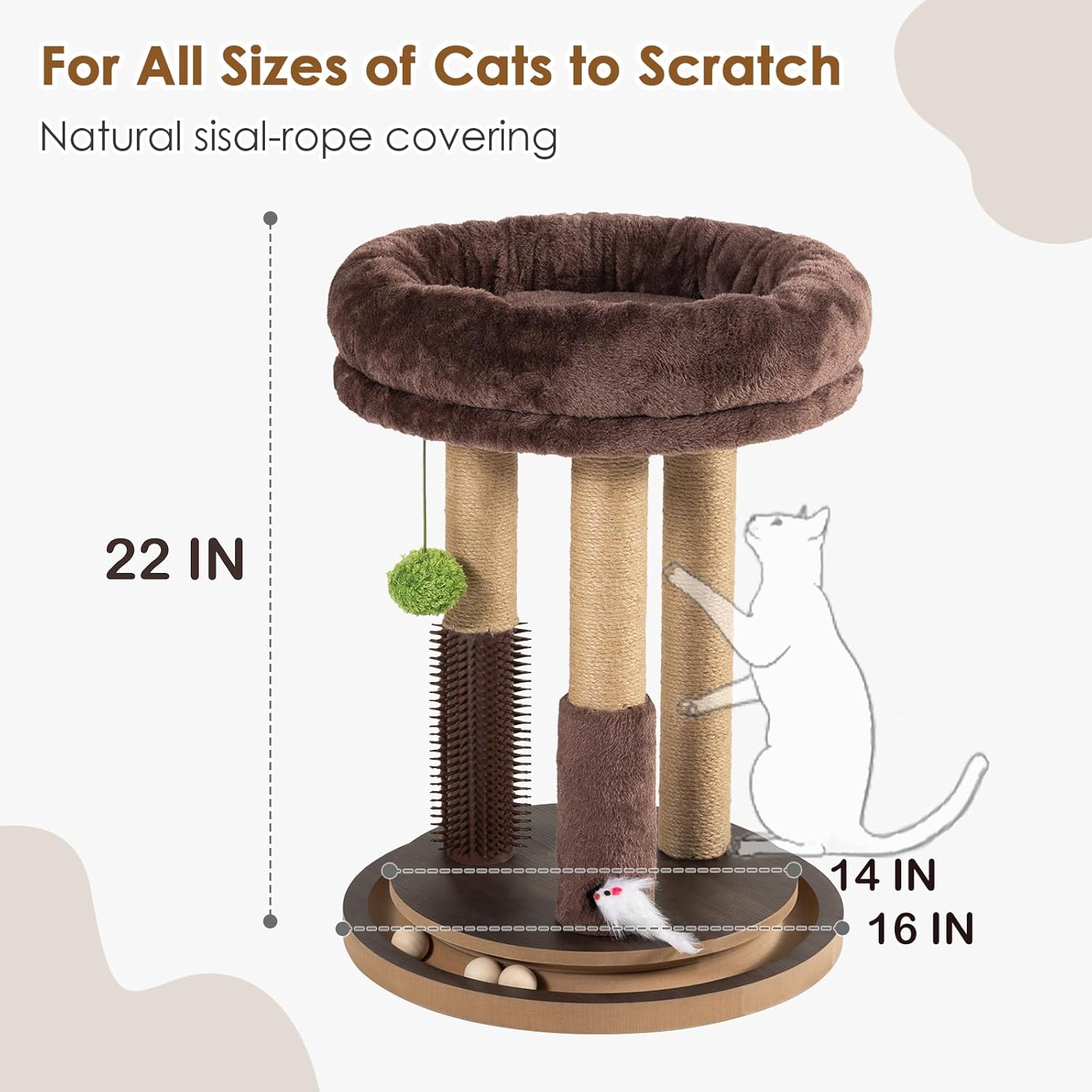 22 Inch Heavy-Duty Cat Scratching Post with Cozy Plush Bed, 3 Sisal Scratching Posts, Interactive Cat Scratcher with Grooming Brush, Hanging Pom-Pom, Track Balls & Mouse Toy for Indoor Cats