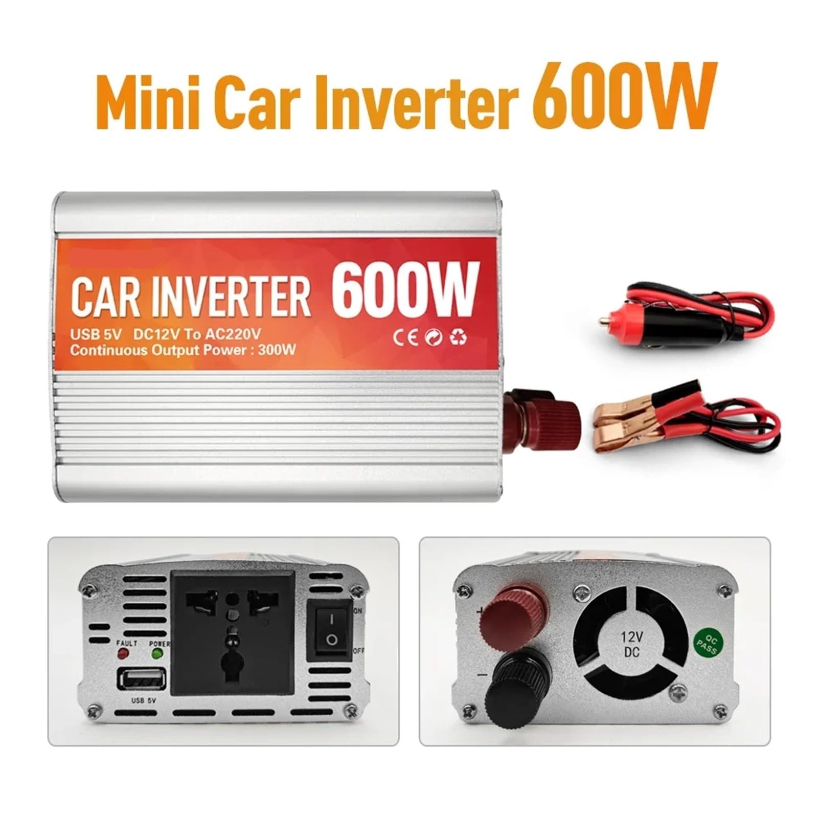 Falownik, Przetwornica napięcia samochodowego 600 W Przetwornica napięcia stałego na prąd przemienny z 5 V 2 A USB Ładowarka samochodowa z falą sinusoidalną Konwersja mocy(600W 12V)