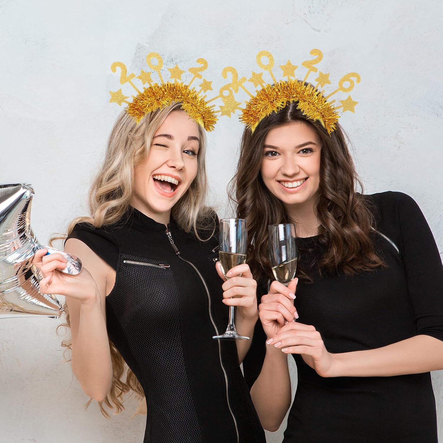 2 Pcs 2026 Happy New Years Headbands for Women, Glitter Star Headband Tiara Accessories, Rhinestone Crown Supplies Celebration Star Party Photo Props Celebration Hair for Adults&Girl
