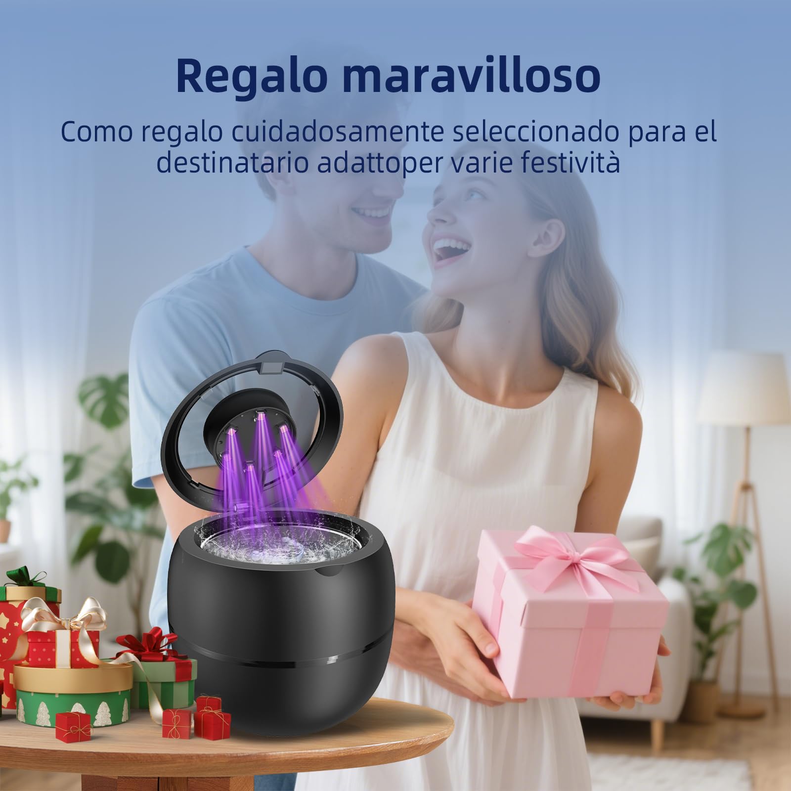 Limpiador Ultrasonidos Dental Inalámbrico 48000Hz, 210ml Portatil Ultrasonidos Limpieza Recargable con 6 lámparas UV y 4 modos para Dentaduras Postizas, Alineadores, Retenedores y Joyas