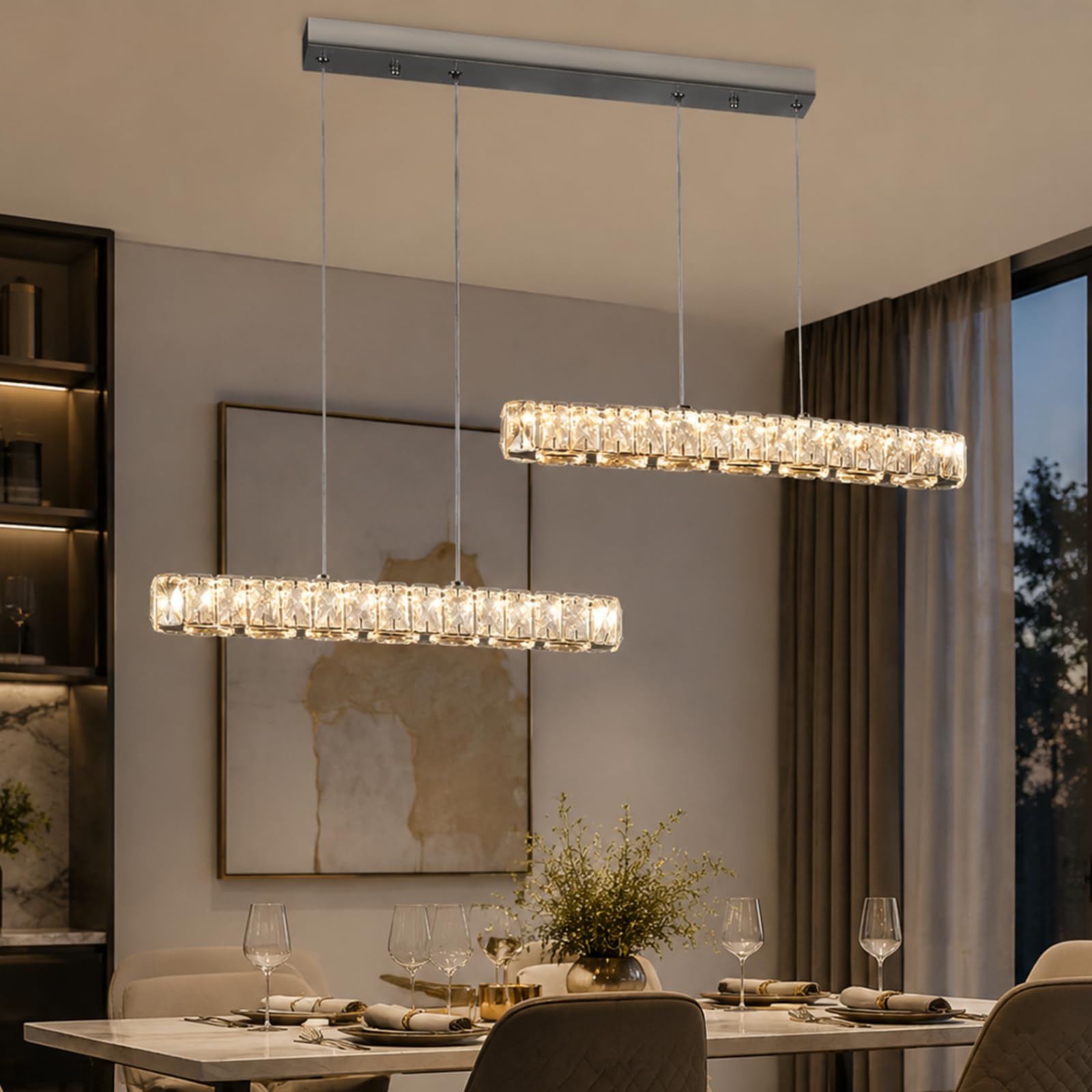 Doppel Linear Kristall LED Pendelleuchte 80cm Esstisch Höhenverstellbar | 3 Lichtfarben Hängeleuchte Kücheninsel Schlafzimmer Wohnzimmer Küche