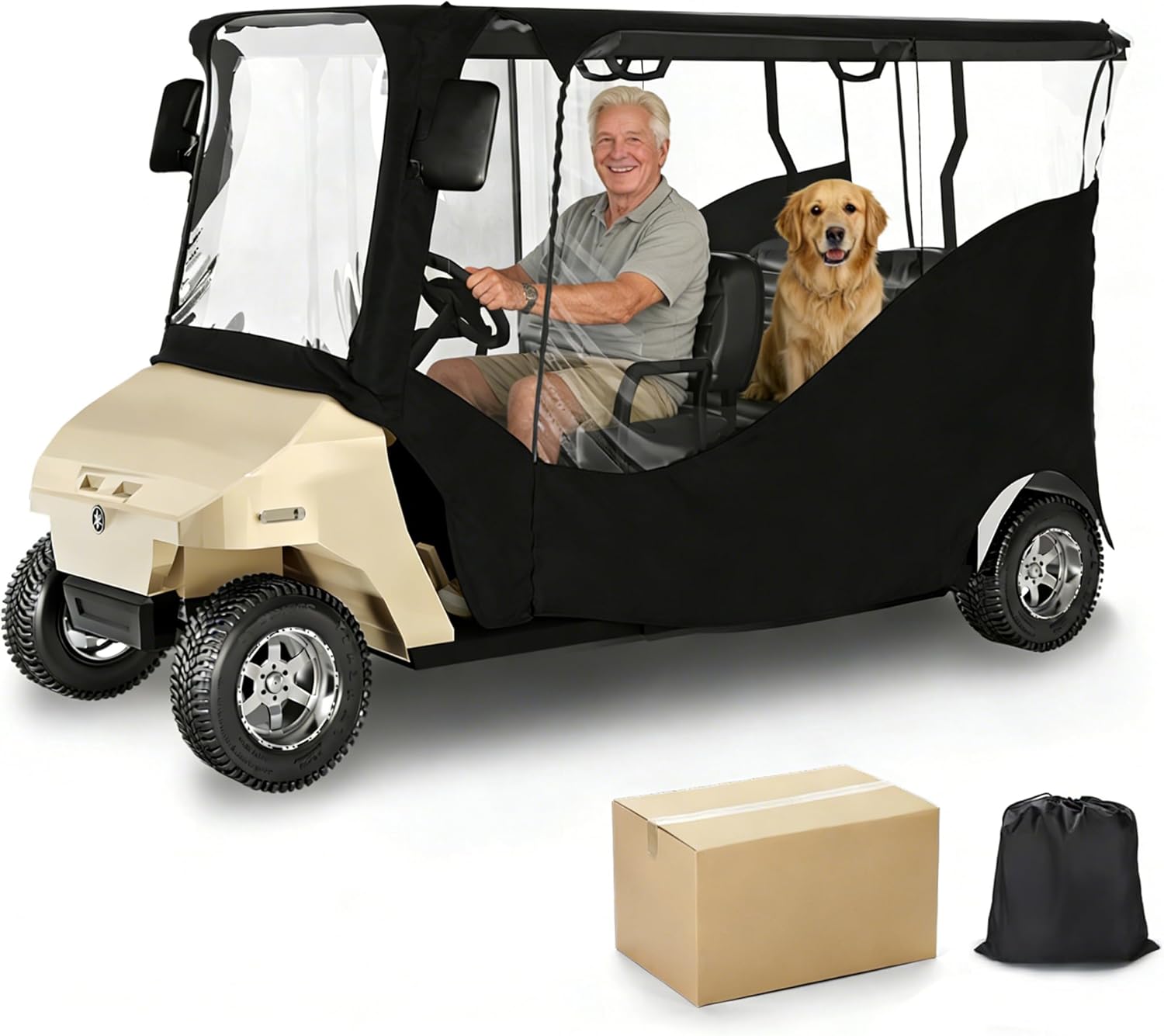 Golf Cart Enclosure, 4 Passenger Drivable Rain Cover for Club Car DS & Precedent, 600D Waterproof Oxford with Extended Roof & 4-Sided PVC Windows, Roll-Up Windshield