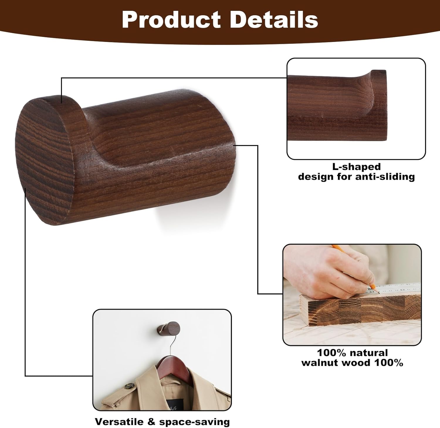Wood Wall Hooks 8 Pack, Natural Walnut Coat Hooks with Metal Core, Heavy Duty Wall Mounted Hat Hook for Entryway, Bathroom, Bedroom - Rustic Home Decor