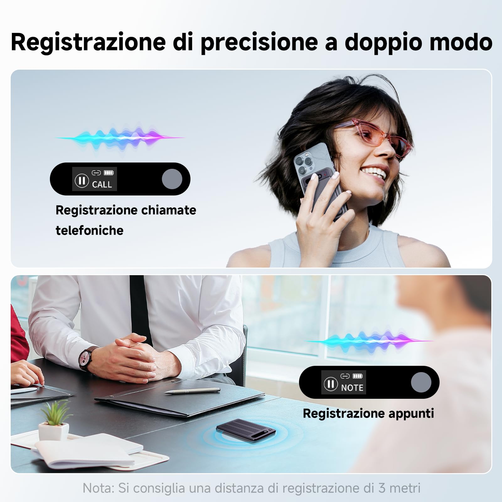 Registratore Vocale AI con Memoria 64GB - Trascrizione e Riassunto Automatico, Oltre 80+ Lingue, Registratore Digitale Professionale per Riunioni/Lezioni/Interviste, Controllo App, con Custodia