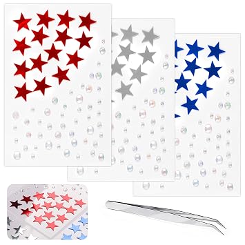 4th July Star Face Stickers Gems for Makeup, 3 Sheets Red Silver and Blue Face Glitter Rhinestone jewels, Self Adhesive Face Eye Nail Body Gems Stick on for Patriotic Rave Festival Accessories