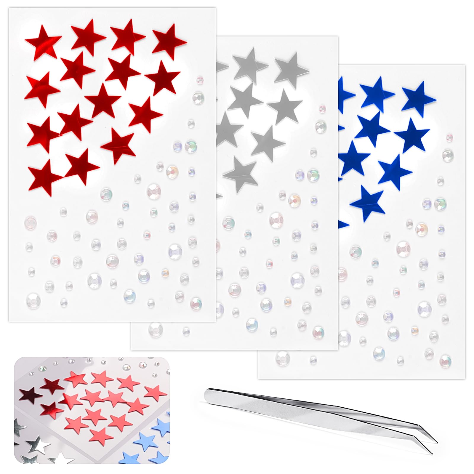 4th July Star Face Stickers Gems for Makeup, 3 Sheets Red Silver and Blue Face Glitter Rhinestone jewels, Self Adhesive Face Eye Nail Body Gems Stick
