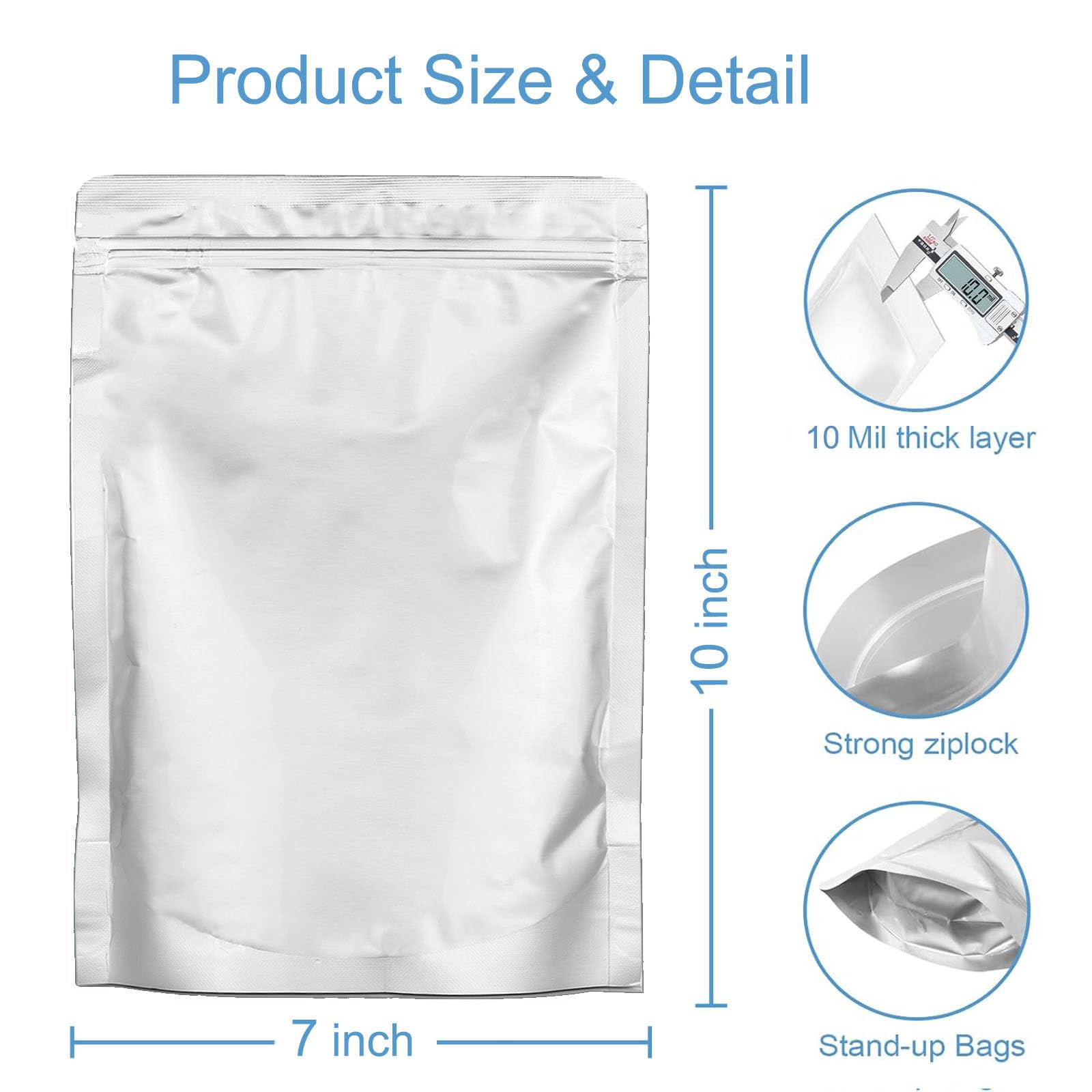 100 bolsas de Mylar de 1 cuarto de galón de grosor, 9.4 mil, 7 x 10 pulgadas, bolsas herméticas de Mylar sellables al vacío para almacenamiento de alimentos a largo plazo (7 x 10 pulgadas (1 cuarto de