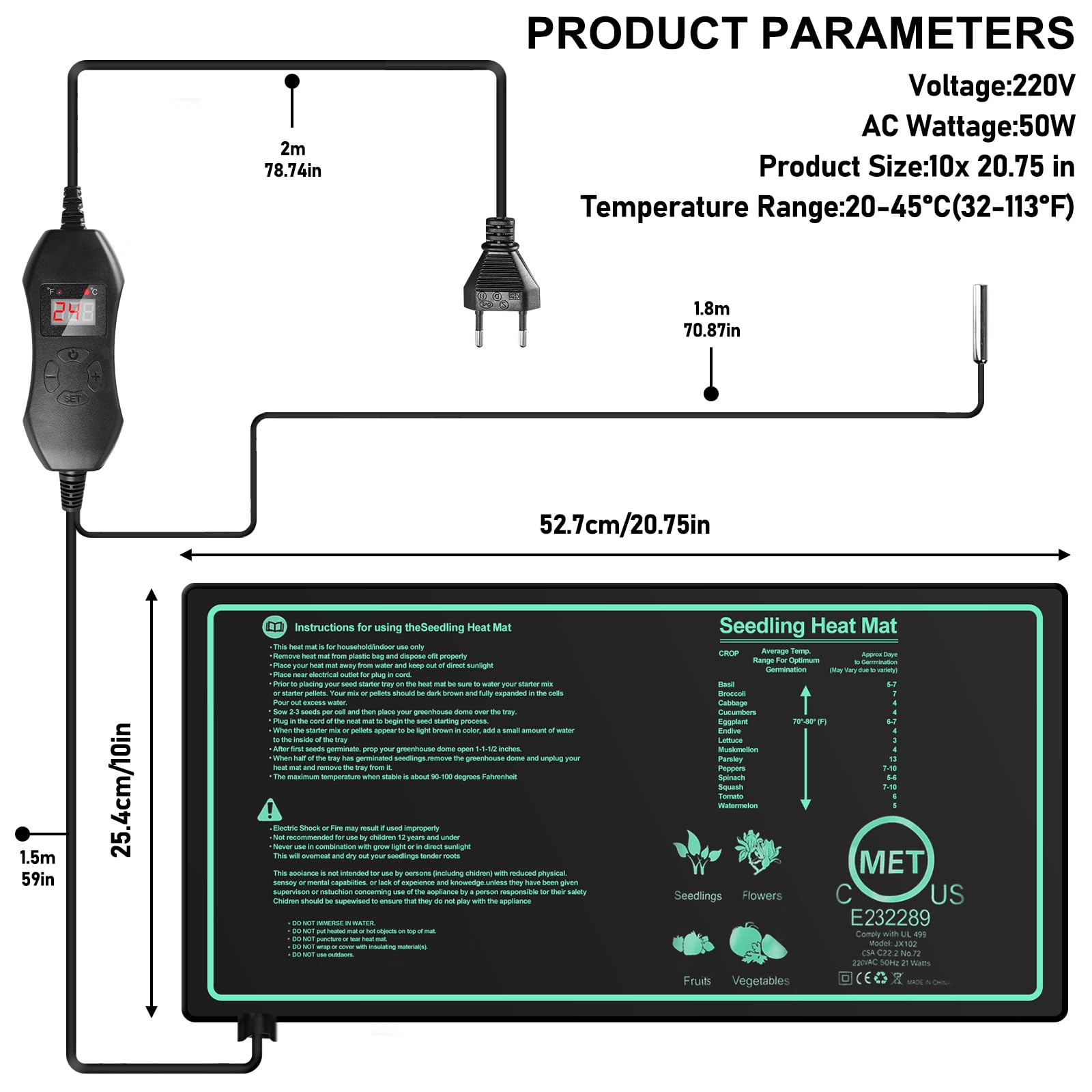 Estera calefactora para plantas con termostato: 10 x 20,75 pulgadas, estera térmica segura para plantas, 50 W, estera térmica duradera para plantas, invernadero de la habitación, estera térmica para