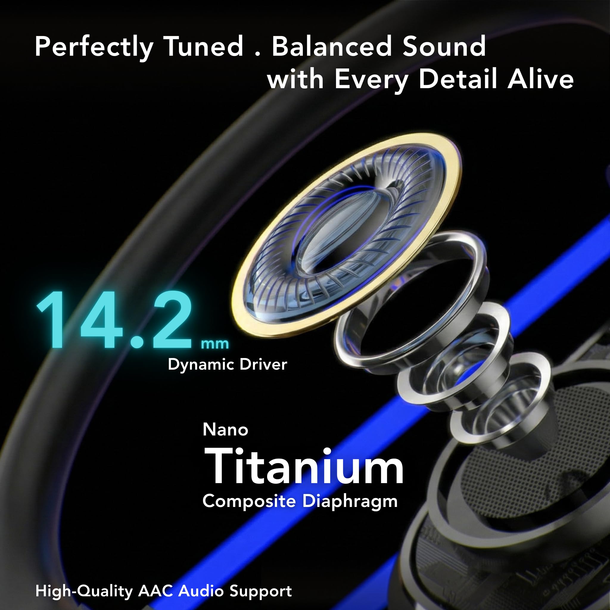 Auricolari con qualità del suono HD senza fili aperti, chiamate vocali chiare con tecnologia ENC a 4 microfoni, Bluetooth 5.4, resistenza all'acqua IPX4, durata della batteria di 40 ore, app mobile