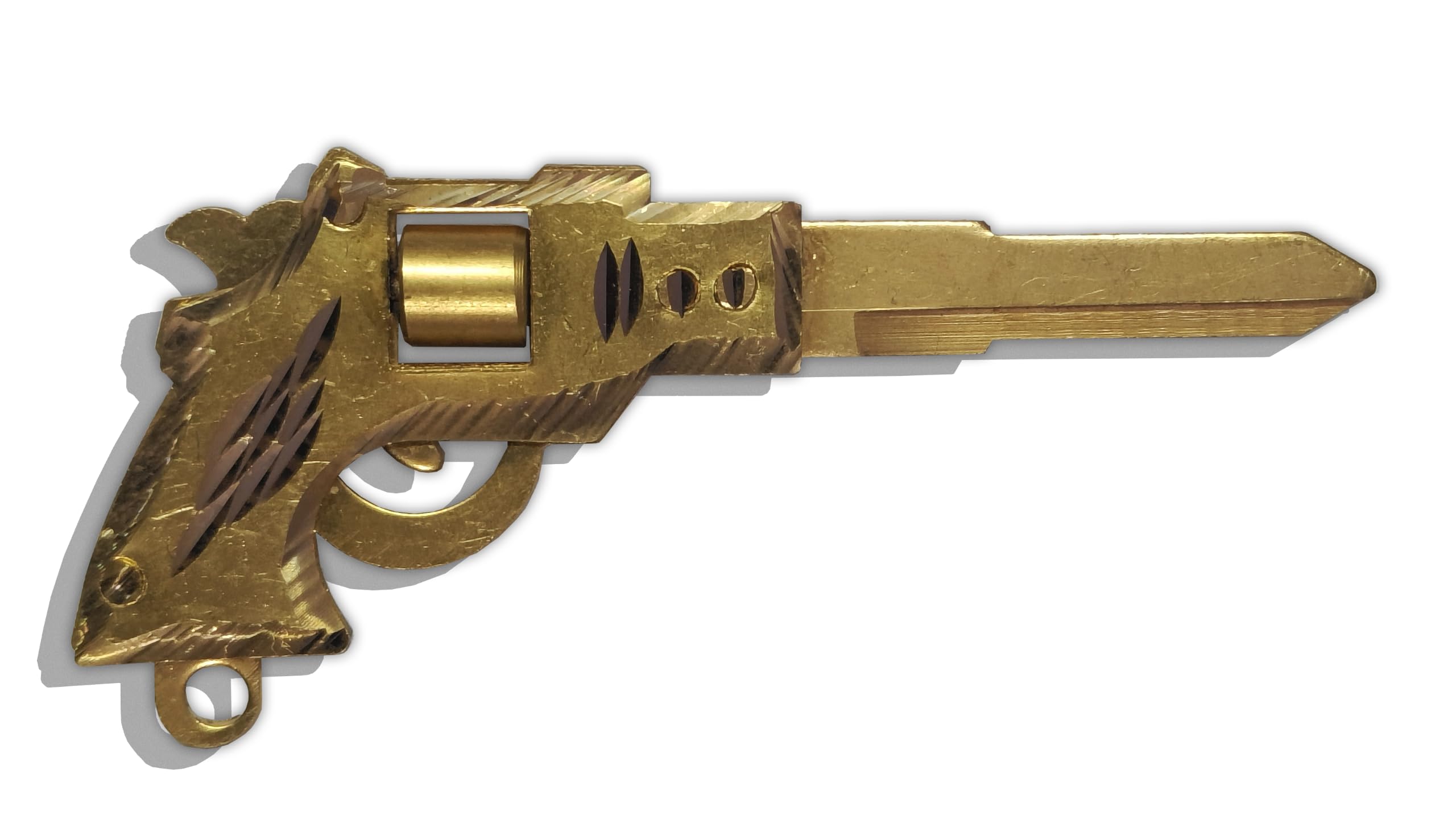 Brass Revolver Pistol Shape Duplicate Bike Key (Right Side) – 10 cm, Solid Brass, Antique Gold Finish | Decorative Designer Motorcycle/Scooter Key Blank for Gifting & Collection ZAM-KY-M01 | 1 × Replacement Key Compatible with Hero Splendor Gold Finish, Keychain Loop , Uncut Blade-image-1
