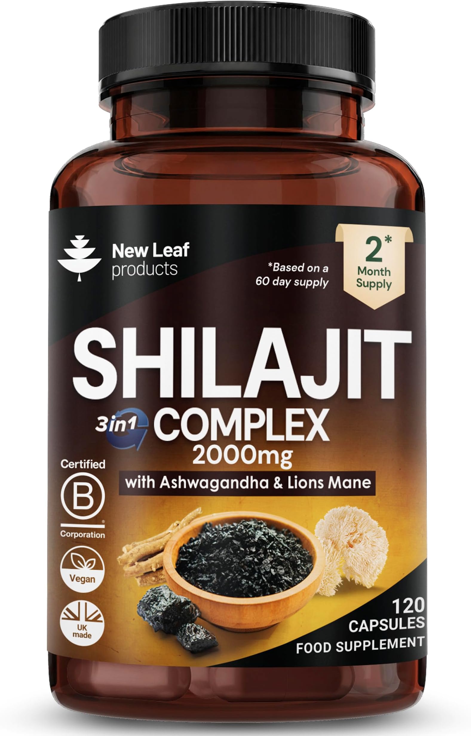 Shilajit Complex enriched with Ashwagandha & Lions Mane, High Strength 2000mg Himilayan Shilajit Complex Capsules with 60% Fulvic Acid - 2 Months Supply Made in The UK By New Leaf
