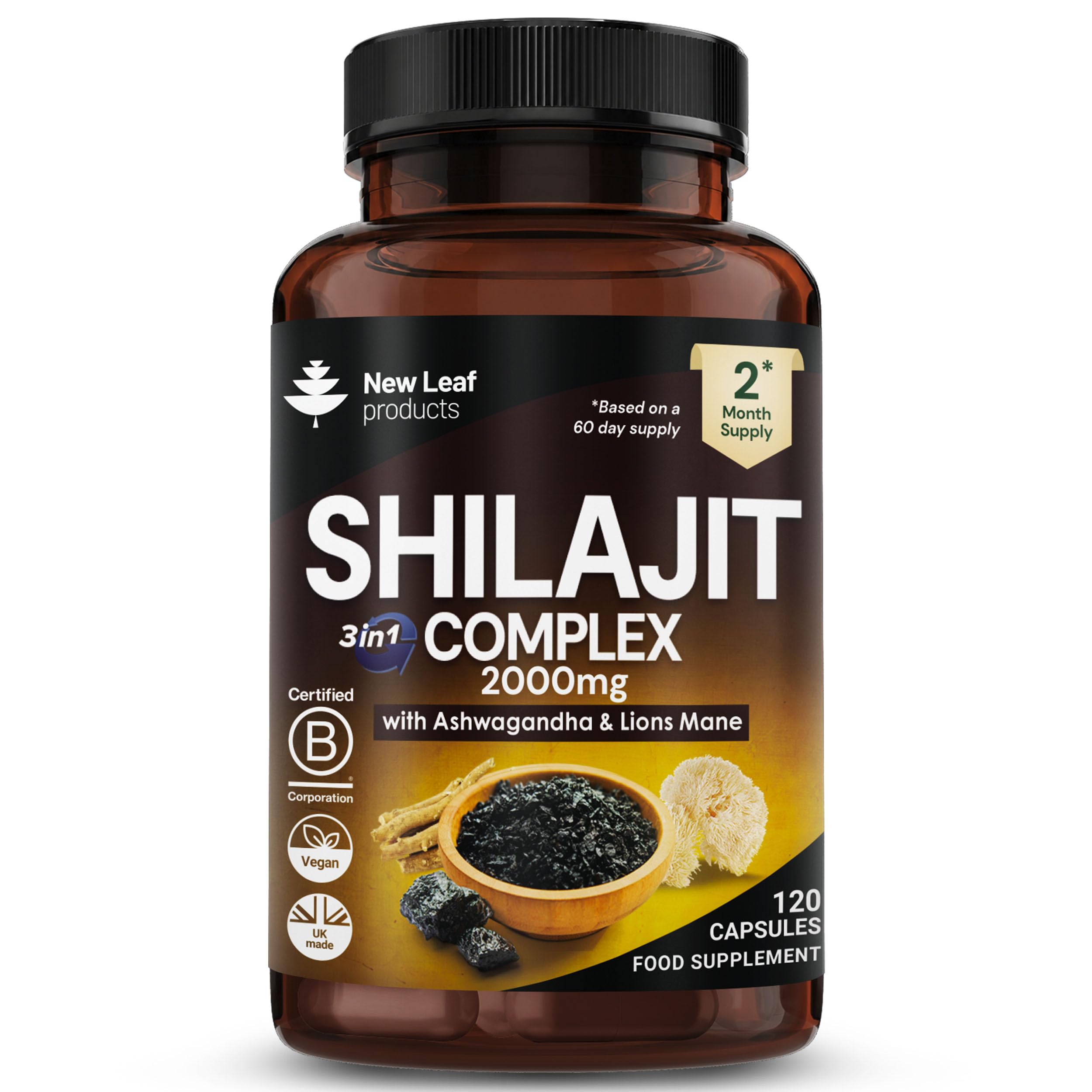 Shilajit Complex enriched with Ashwagandha & Lions Mane, High Strength 2000mg Himilayan Shilajit Complex Capsules with 60% Fulvic Acid - 2 Months Supply Made in The UK By New Leaf