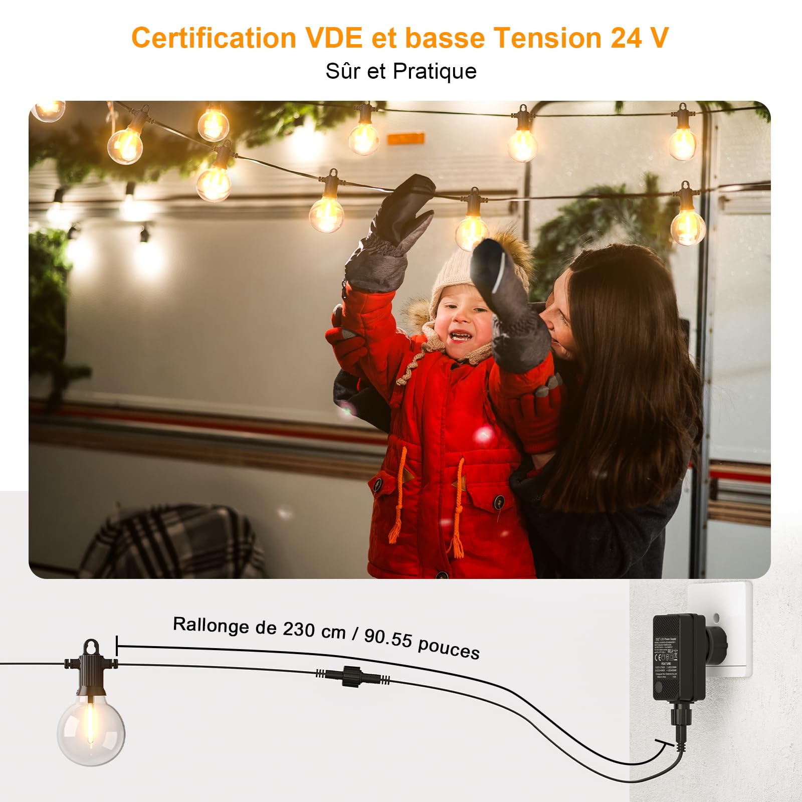 Kawaya Guirlande Lumineuse Exterieure 15M Guirlande Lumineuse Prise Secteur Electrique IP65 étanche Balcon avec 25+1 Led Ampoule Incassables 24V Basse Pression Dimmable en 4 Températures de Couleur