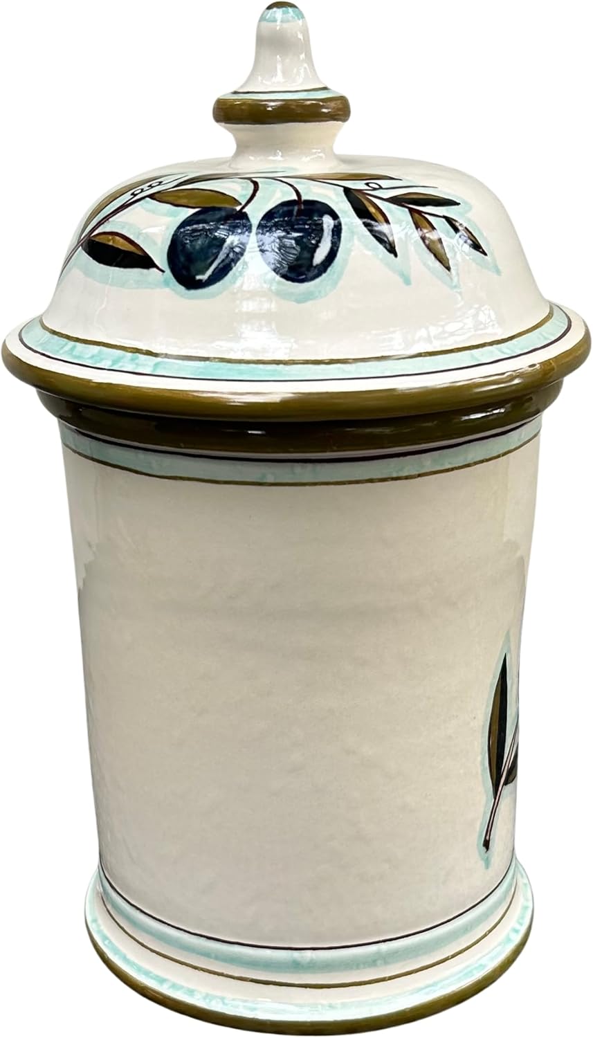 CERAMICHE D'ARTE PARRINI- Italian Ceramic Coffee (caffè) Jar Holder Conteiner Hand Painted Pattern Olives Tuscan Made in ITALY Art Pottery