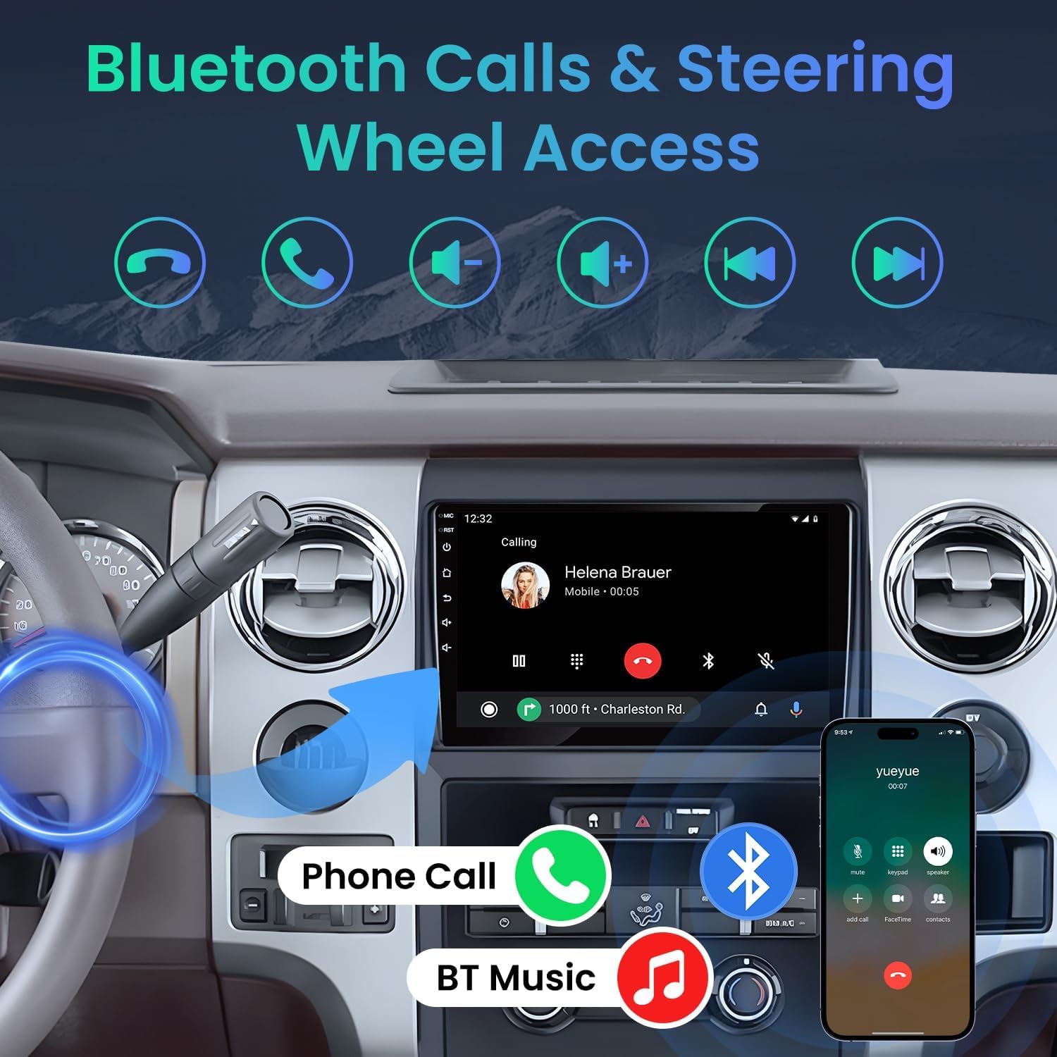 Bluetooth calling interface on the car stereo, showing an incoming call and options for phone calls and Bluetooth music.