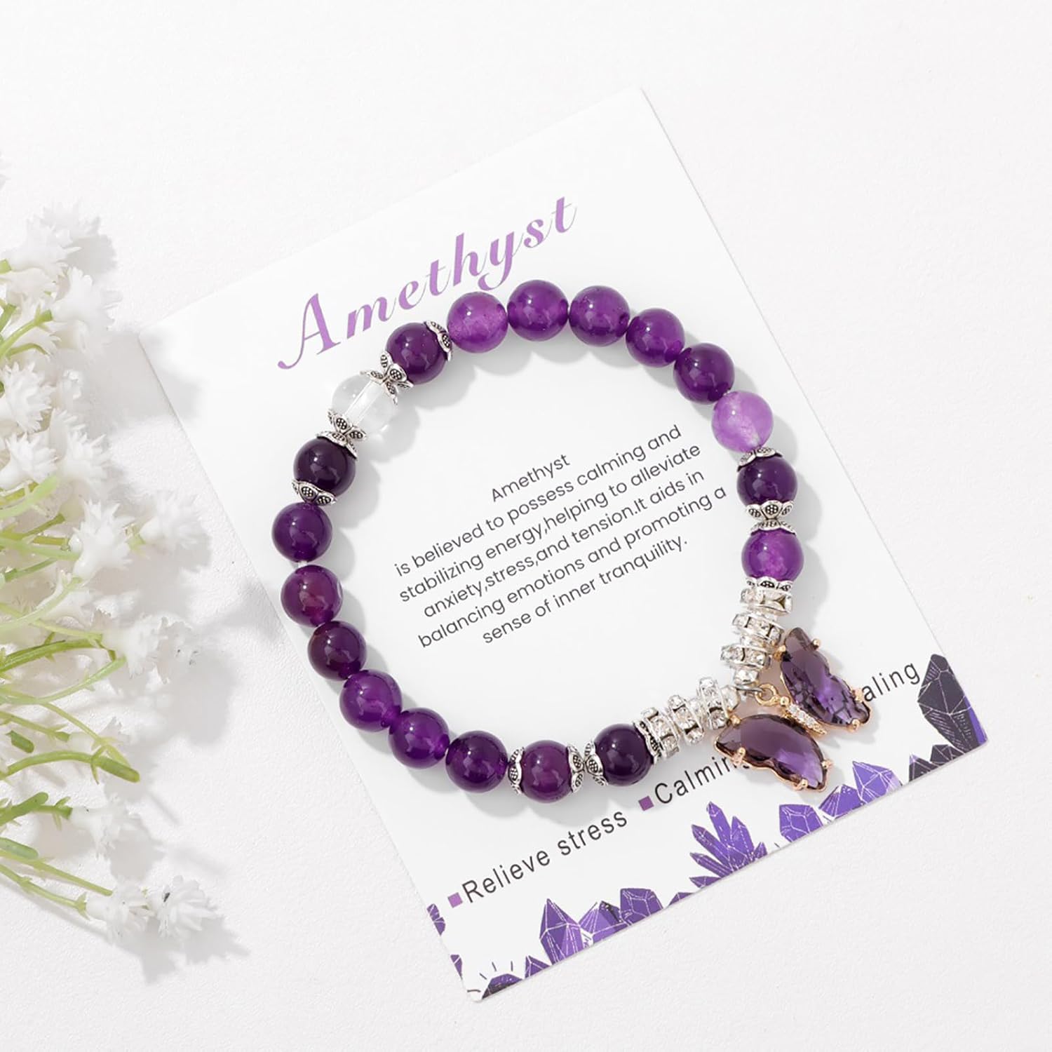 Healing Crystal Bracelet for Women 8mm Adjustable Butterfly Charm Bracelet Crystal Beaded Bracelets Butterfly Bracelets for Women Girls - Image 4