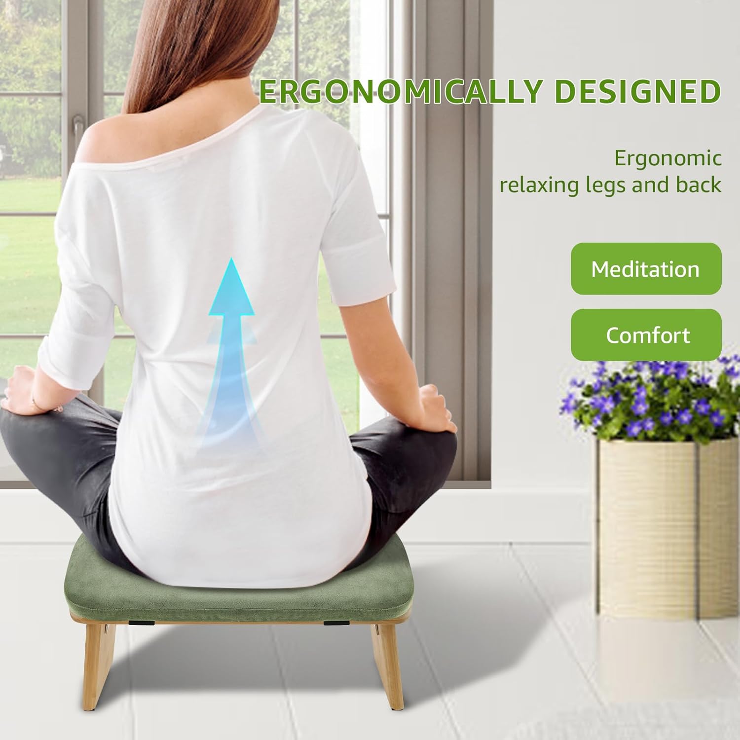 Bamboo Yoga Bench with Foldable Legs, Ergonomic Kneeling Stool with Cushion, Portable Prayer Bench for Kneeling Sitting Prayer Extended Practice(Green,1)