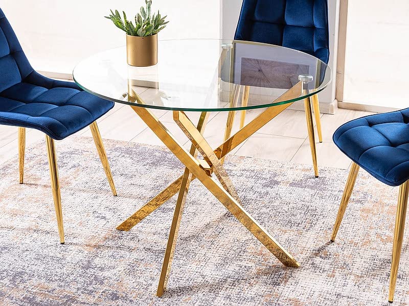Table à Manger Ronde en Verre Trempé Et 4 Pieds en Métal Doré - D 90 X H 75 Cm