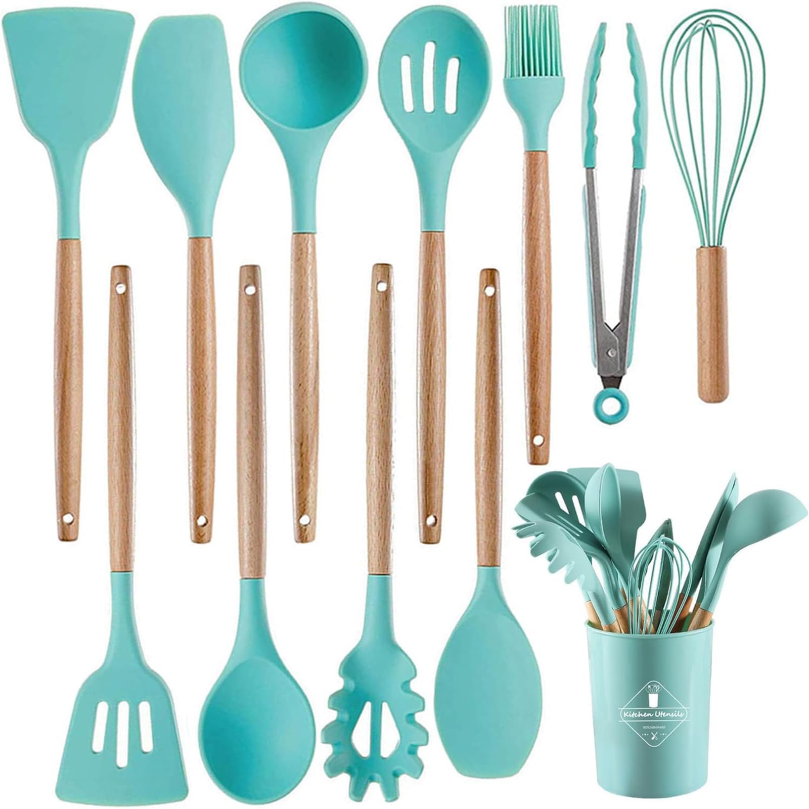 SKYTONE Silicone Kitchen Spatula and Utensils Spoon Set 12-Piece Silicone Kitchen Cooking Utensils Set, Non-Stick Utensils Set Heat Resistant Easy Clean, BPA Free Tools (Cyan, 12)