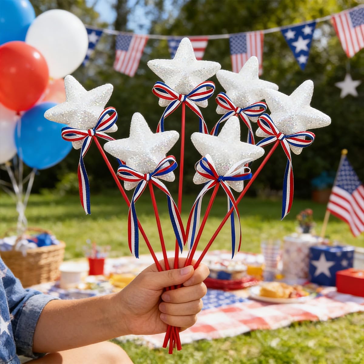 4th of July Glitter Puffy Star Flower Picks Foam Sparkly Sticks for Party Crafts Table Supplies Decorations (White)