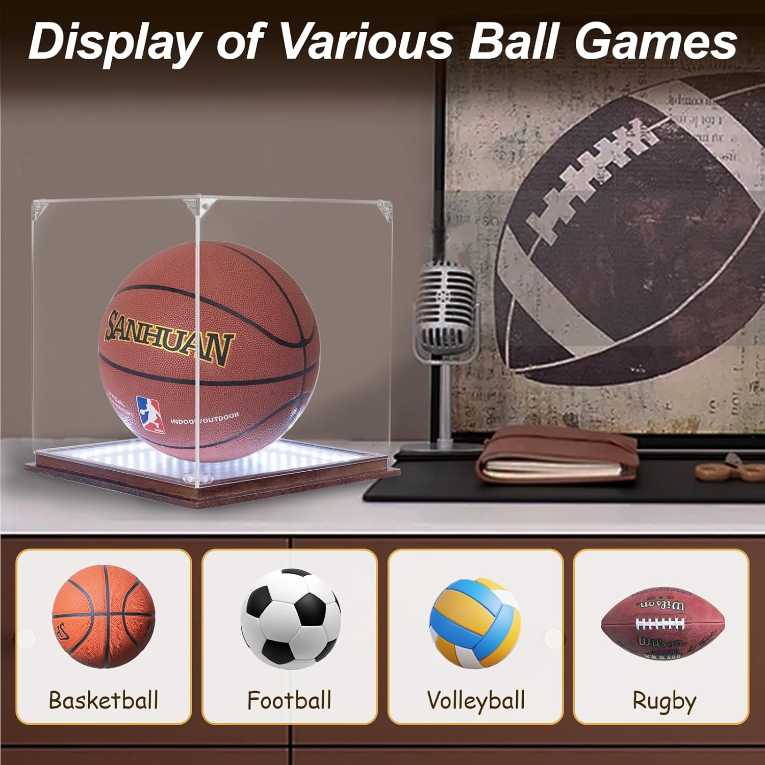 Acrylic Clear Basketball Display Case with LED Light,UV Protected Basketball Stand Box,Solid Wood Base,Wooden Basketball Stand for Autographed Ball & Memorial Gift