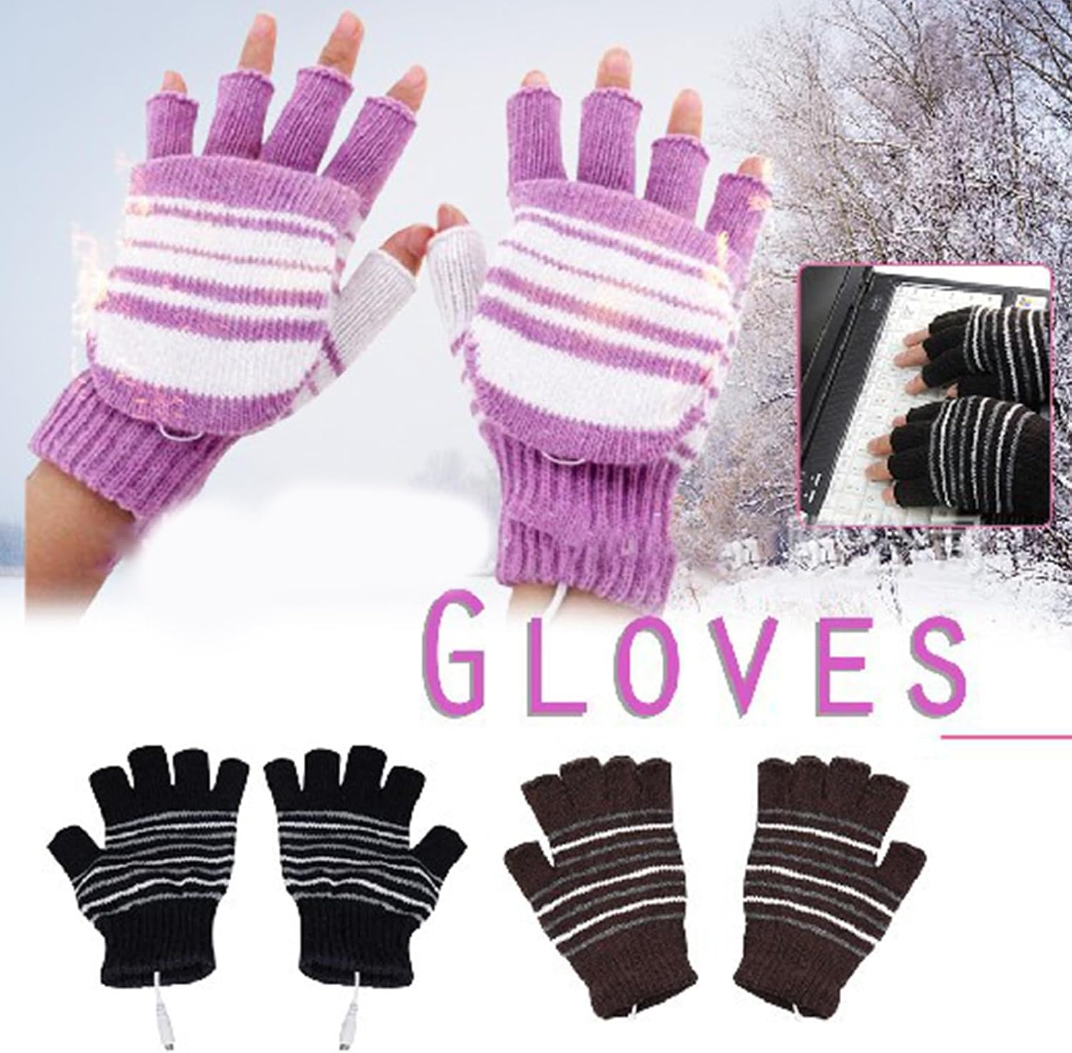 Winter Gloves Warm Women Half Finger Gloves Thick Indoor Typing Gloves USB Electric Heated Convertible Gloves