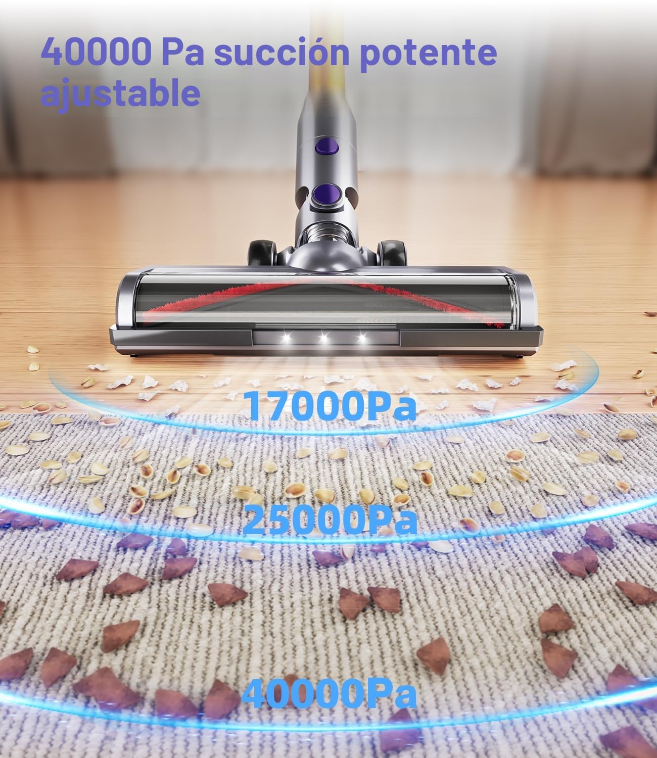 EUARY 40KPa/450W Aspiradora sin Cable, aspiradora sin Cable Potente hasta 50 Mins, con Smart Screen y Cepillo Antienredos, Alfombra Pelo Mascota Suelo Sofá (Purple Gold)