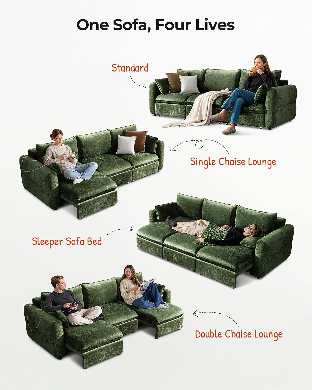 CHIC HOUSE DOVA 103-Inch Electric Extendable Sofa, Green Velvet - Image 2