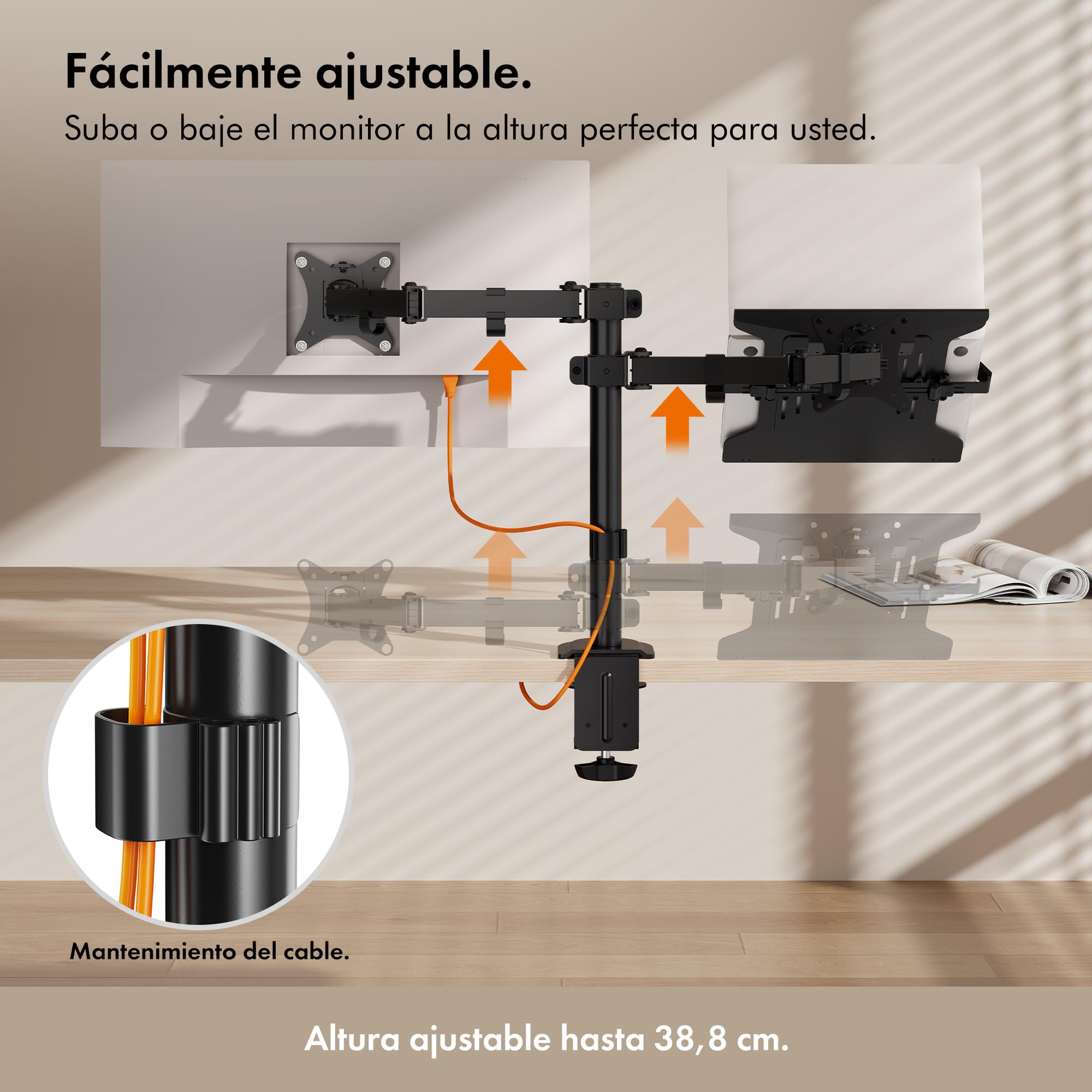 VonHaus Soporte para Monitor y Portátil de Escritorio – Brazo para Monitor de 13-32" de Altura Ajustable y Abrazaderas de Fácil Montaje - Giro, Inclinación y Rotación Totales - VESA 75x75, 100x100 mm