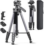 CAMBOFOTO 74"-Camera-Tripod, Gray Porfessional Aluminum Heavy Duty Tripod Stand for Mirrorless Camera/DSLR/Cell Phone/Camcorder, with Holder and Travel Bag (Gunmetal Gray)