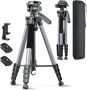 CAMBOFOTO 74"-Camera-Tripod, Gray Porfessional Aluminum Heavy Duty Tripod Stand for Mirrorless Camera/DSLR/Cell Phone/Camcorder, with Holder and Travel Bag (Gunmetal Gray)