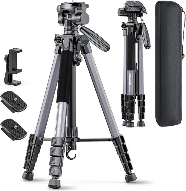 CAMBOFOTO 74"-Camera-Tripod, en aluminium de couleur grise pour appareil photo sans miroir/DSLR/Cell Phone/Camcorder, avec support et sac de voyage (Gunmetal Gray)