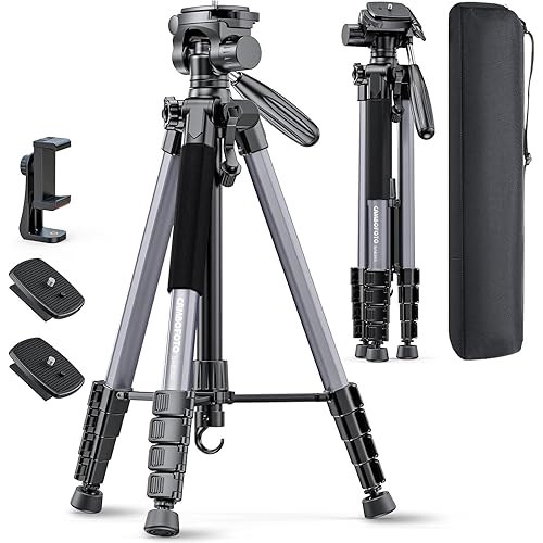 CAMBOFOTO 74"-Camera-Tripod, Professional Aluminum Tripod/Leg Stand Mirrorless Camera/DSLR/Cell Phone/Camcorder/GoPro, with Phone Holder and Travel Bag (Gunmetal Gray) Weight 2.8 lbs Load 8.8 lbs