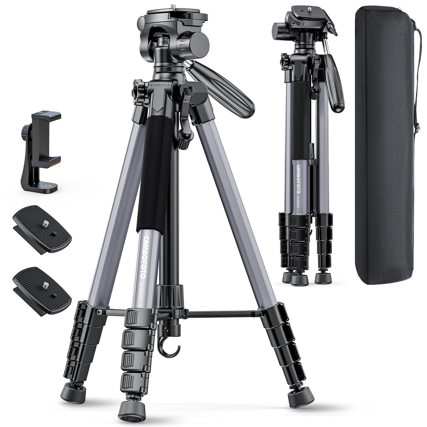 CAMBOFOTO 74″-Camera-Tripod, Gray Porfessional Aluminum Heavy Duty Tripod Stand for Mirrorless Camera/DSLR/Cell Phone/Camcorder, with Holder and Travel Bag (Gunmetal Gray)