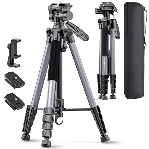 CAMBOFOTO 74-Camera-Tripod Professional Aluminum Tripod Leg Stand Mirrorless Camera DSLR Cell Phone Camcorder GoPro with Phone Holder and