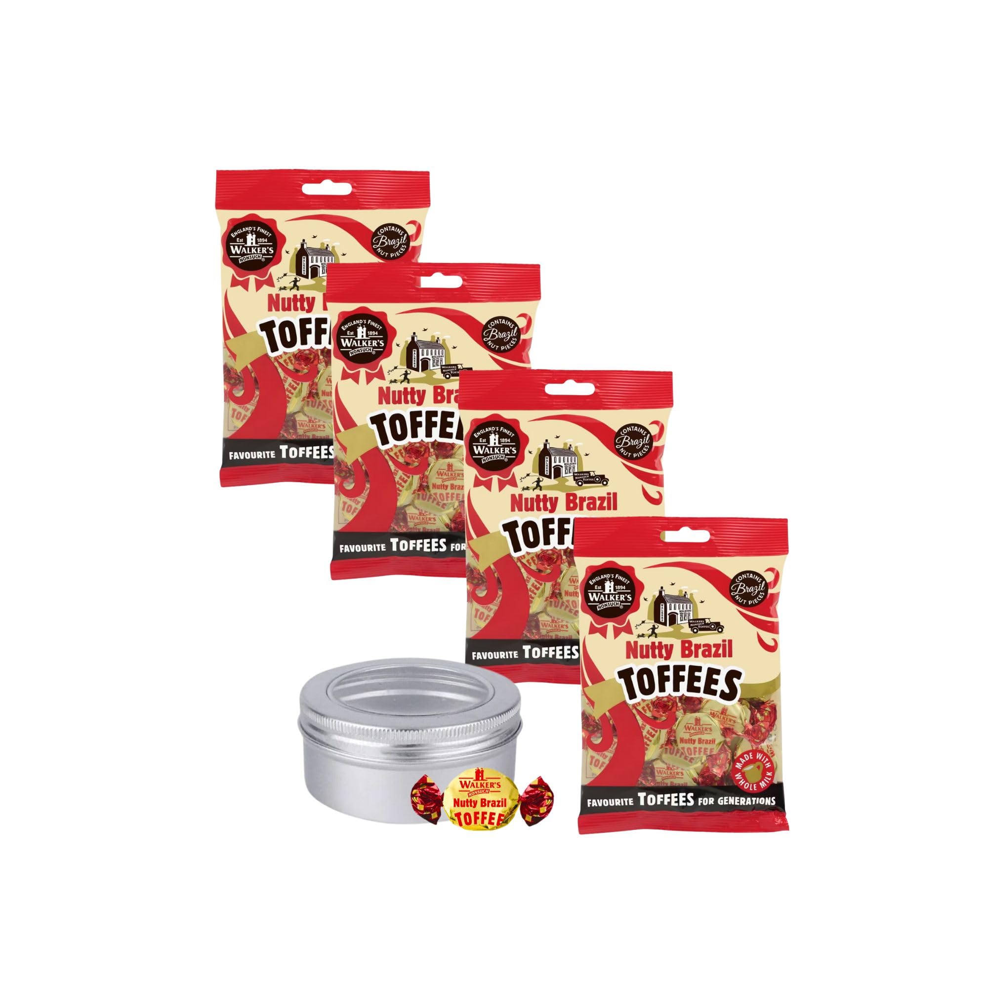 Brazil Nut Toffee Sweets Walkers Nonsuch x 4 150g Bags Bundle with TinTastic Silver Window Lid Refillable On-the-Go Tin