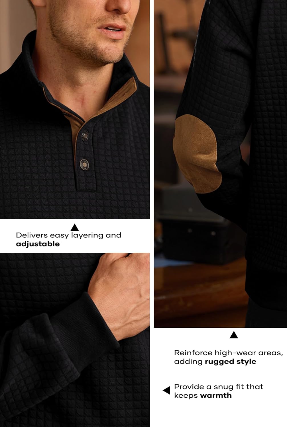 Man Casual Western Shirts Long Sleeve Cozy Pullover Quarter Thick Ribbed Corduroy Winter Stand Collar Fluff Heavyweight Classic Warm Color Block Elbow Patches Sweater Black - Waffle M - Image 6