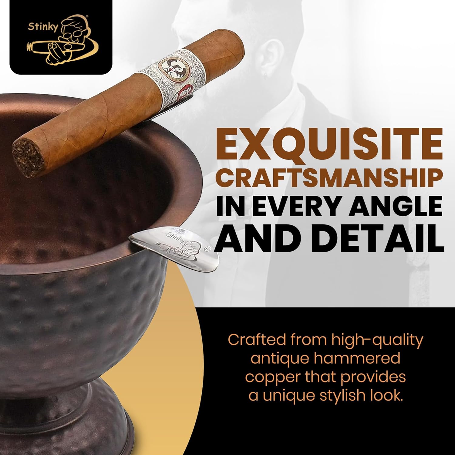 Stinky Cigar Antique Hammered Copper Cigar Ashtray with 4 Stirrups for Indoor & Outdoor Use | Windproof Design with 4.25 inch Deep Bowl for Cigars, Antique Ashtray Cigar Aficionados and Home Decor